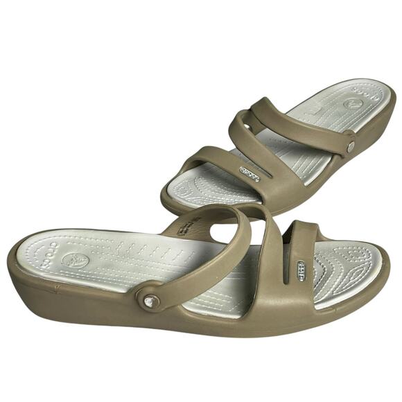 Crocs Shoes Womens 11 Tan Strappy Patricia Wedge Sandals Comfort Slip On Beach - Picture 1 of 13